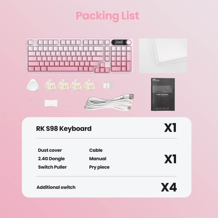 Royal Kludge S98 Pink Edition – clavier mécanique sans fil 96 % tri-mode