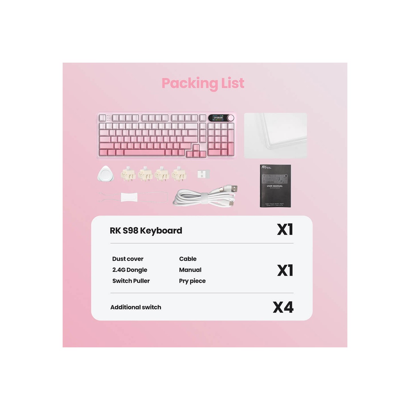 Royal Kludge S98 Pink Edition – clavier mécanique sans fil 96 % tri-mode