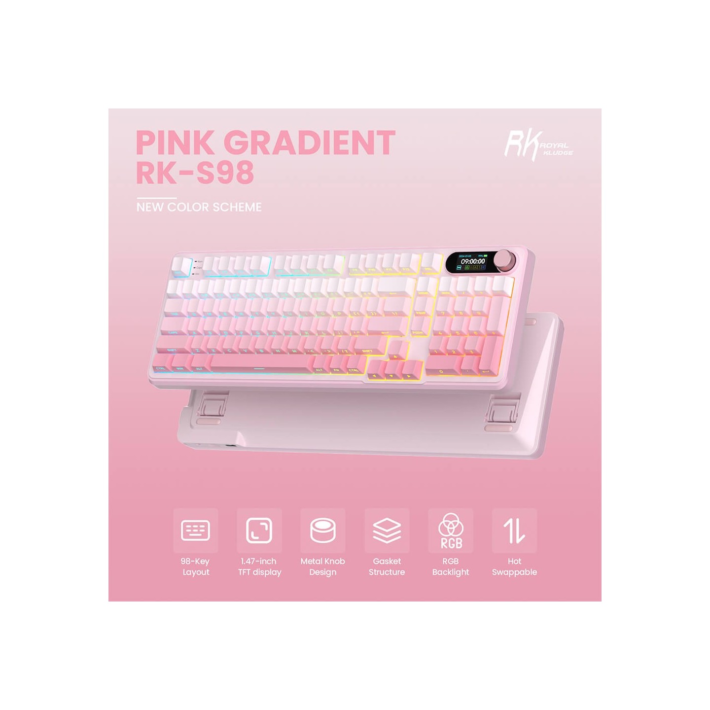 Royal Kludge S98 Pink Edition – clavier mécanique sans fil 96 % tri-mode