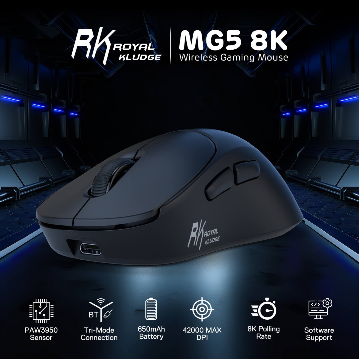 Royal Kludge MG5 – Souris gaming sans fil tri-mode, capteur PAW3950