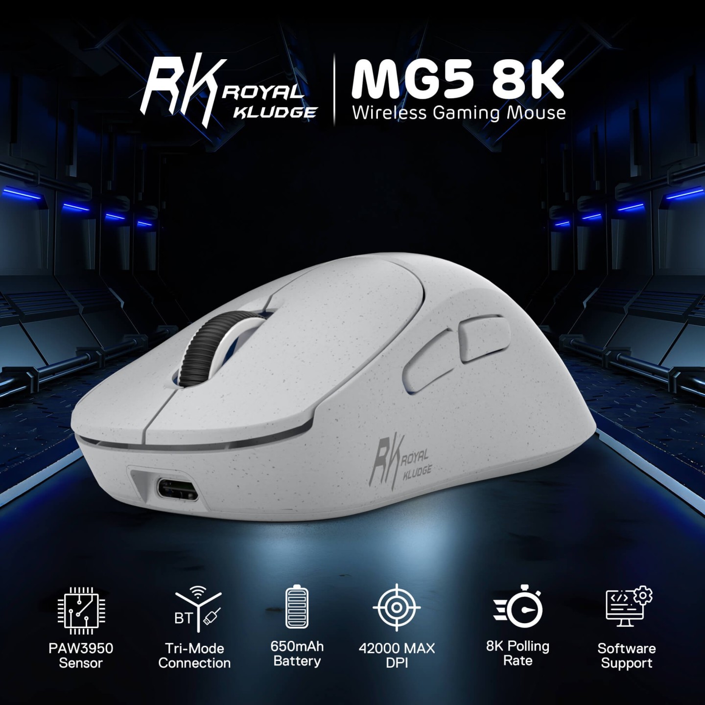Royal Kludge MG5 – Souris gaming sans fil tri-mode, capteur PAW3950