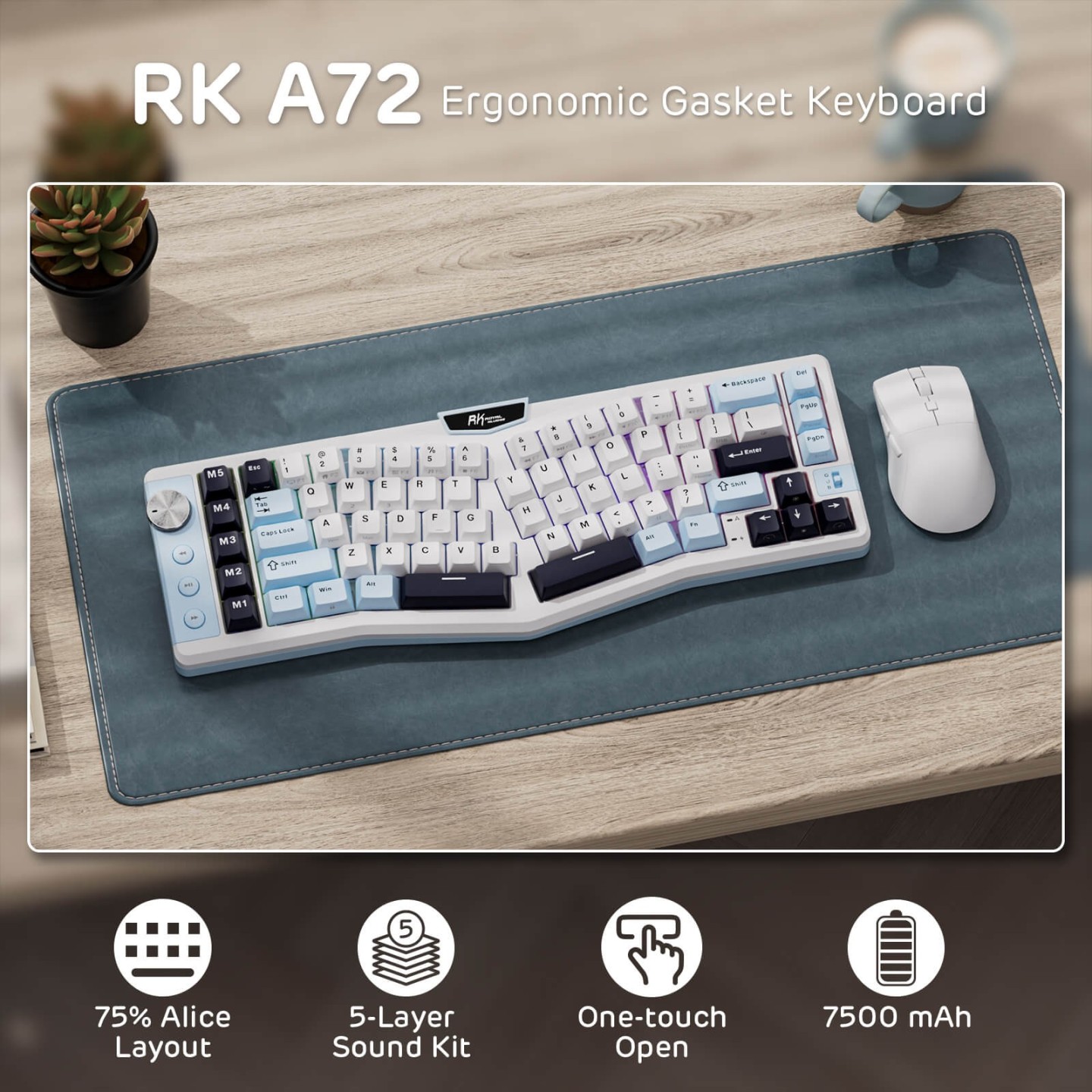 Royal Kludge A72 – Clavier mécanique ergonomique Alice 68 % tri-mode