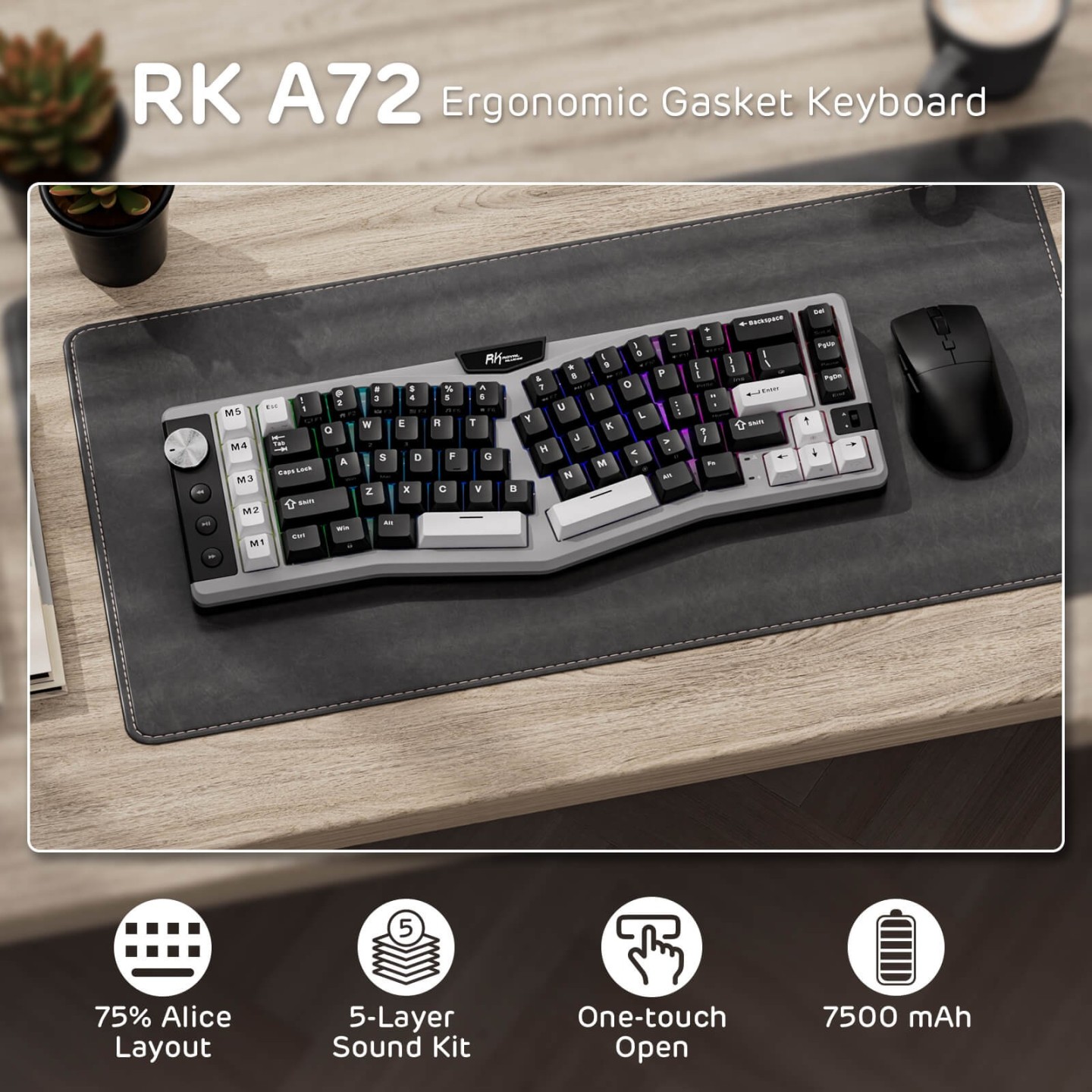 Royal Kludge A72 – Clavier mécanique ergonomique Alice 68 % tri-mode