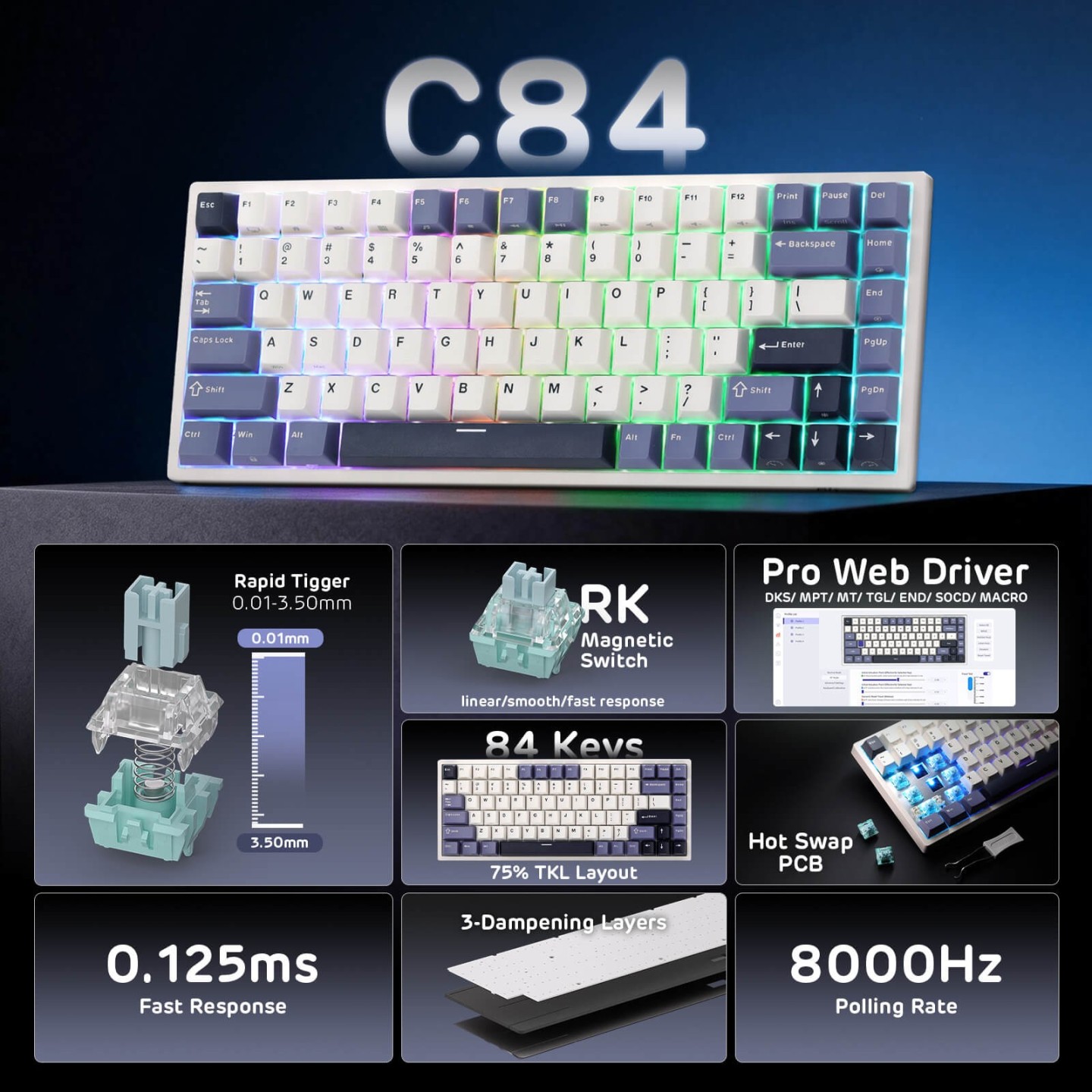 Royal Kludge C84 – clavier magnétique gaming 75 % à effet Hall