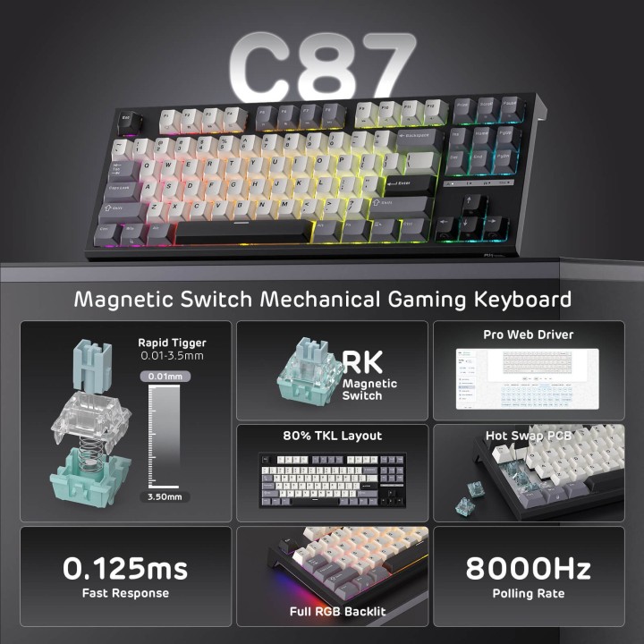 Royal Kludge C87 – Clavier gaming magnétique à effet Hall TKL (80 %)
