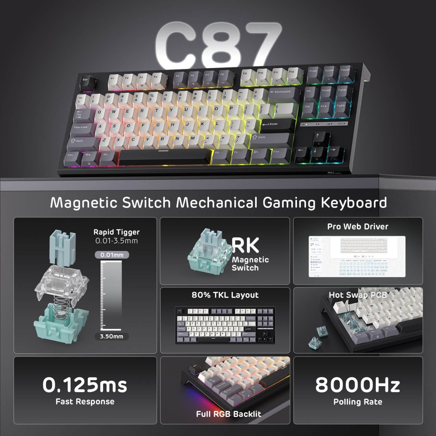 Royal Kludge C87 – Clavier gaming magnétique à effet Hall TKL (80 %)