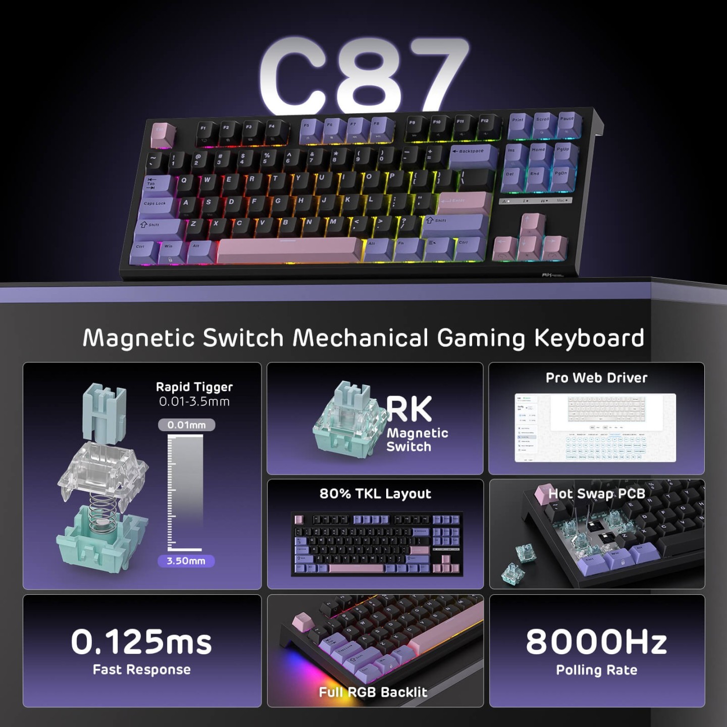 Royal Kludge C87 – Clavier gaming magnétique à effet Hall TKL (80 %)