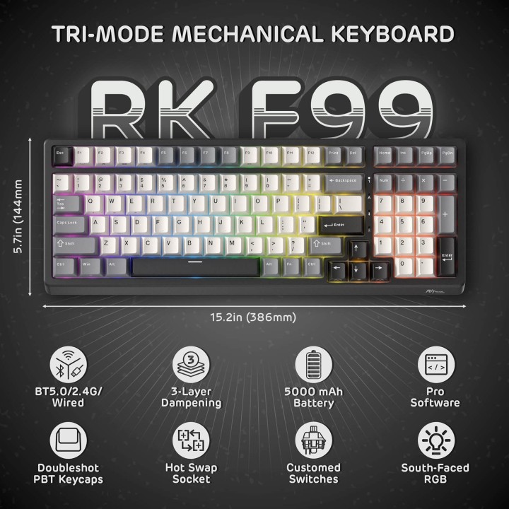 Royal Kludge F99 – Clavier mécanique sans fil 96 % tri-mode