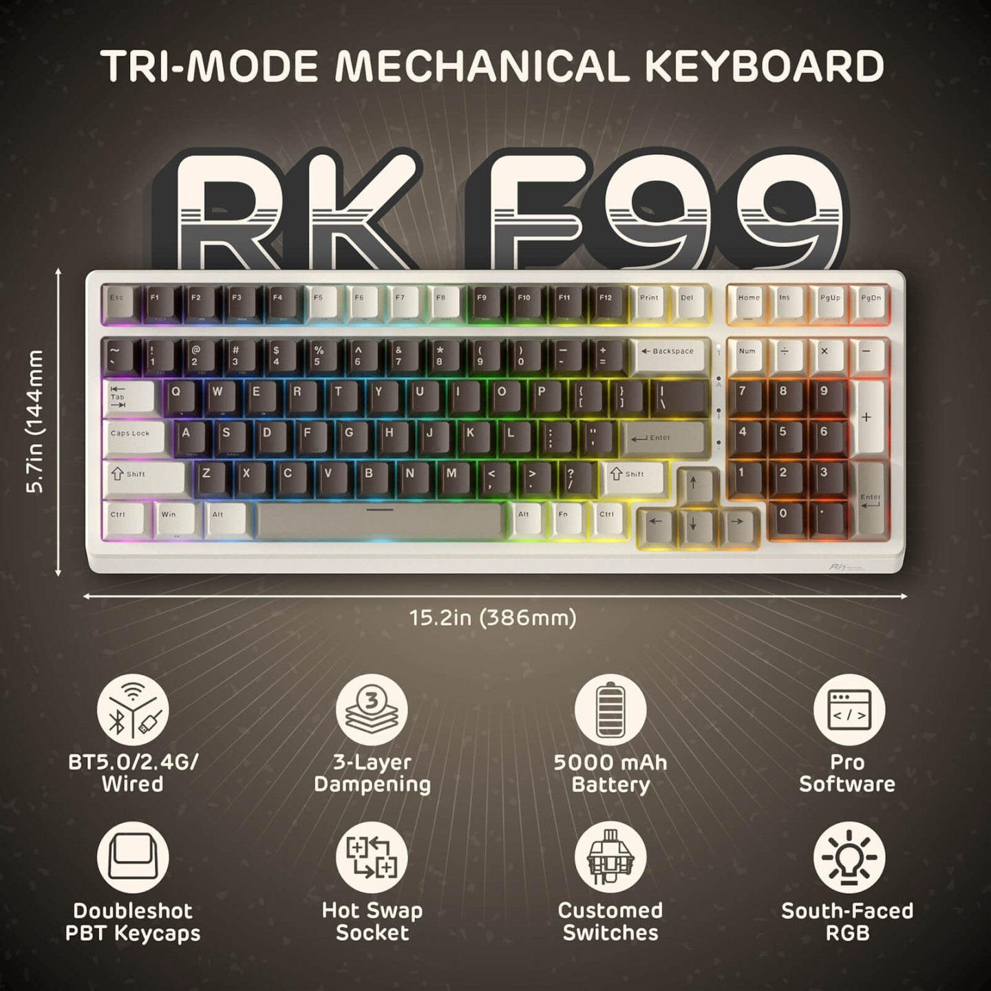 Royal Kludge F99 – Clavier mécanique sans fil 96 % tri-mode