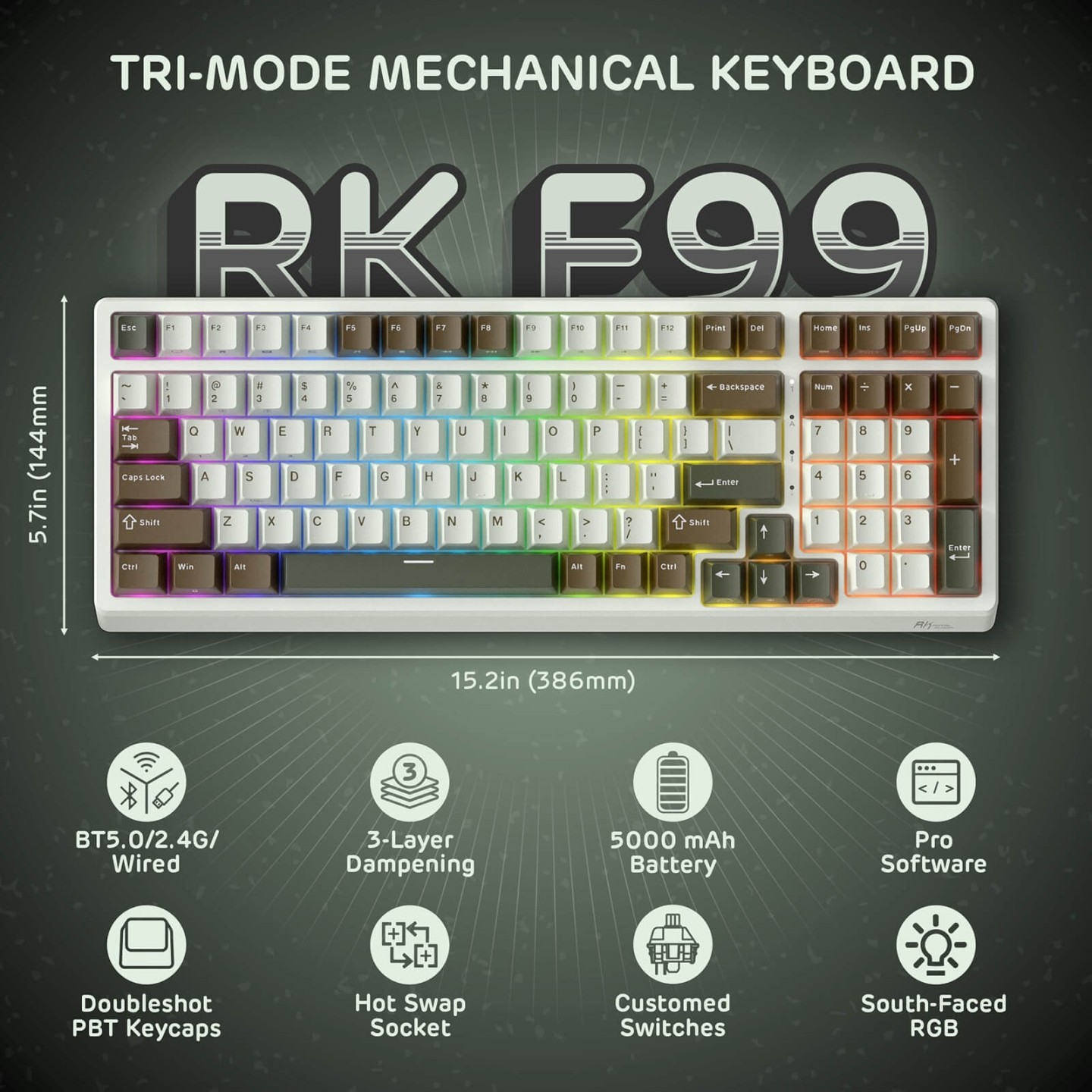 Royal Kludge F99 – Clavier mécanique sans fil 96 % tri-mode
