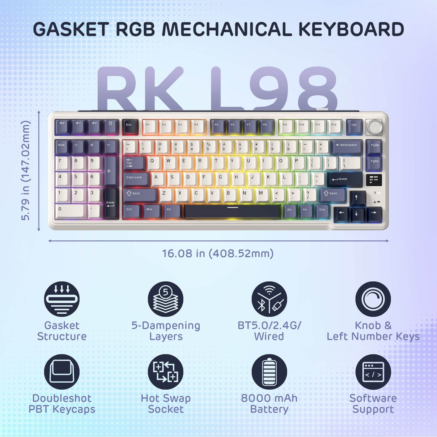 Royal Kludge L98 – Clavier mécanique sans fil 96 % pavé numérique à gauche