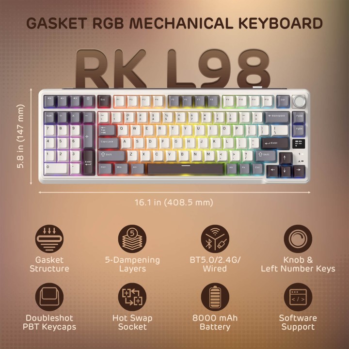 Royal Kludge L98 – Clavier mécanique sans fil 96 % pavé numérique à gauche