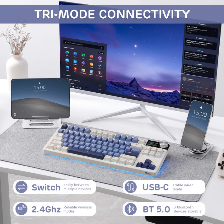Royal Kludge S85 – Clavier mécanique gaming TKL sans fil tri-mode, gasket