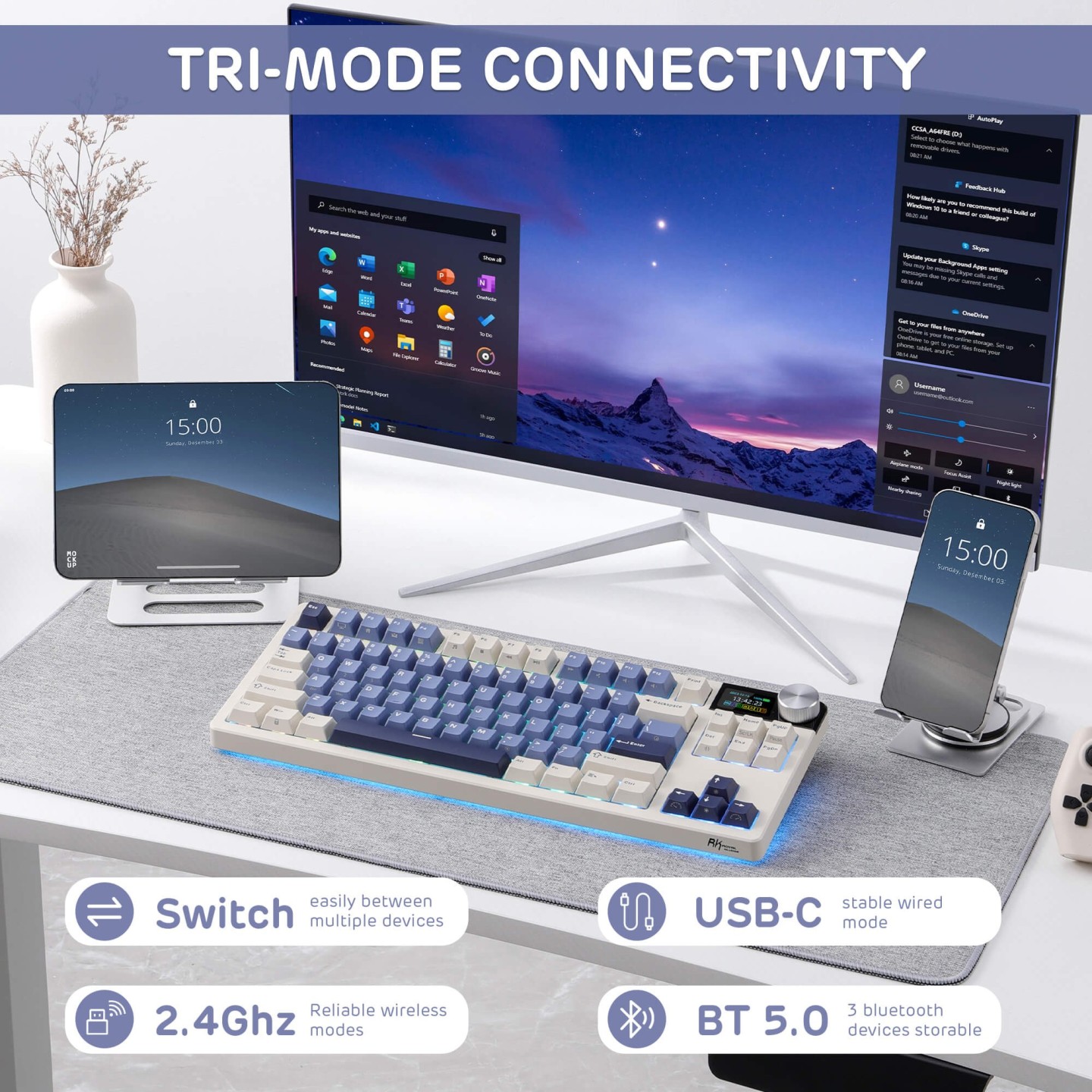 Royal Kludge S85 – Clavier mécanique gaming TKL sans fil tri-mode, gasket