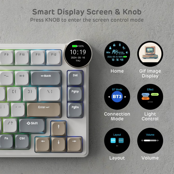 Royal Kludge N80 – Clavier mécanique low profile sans fil avec écran et molette
