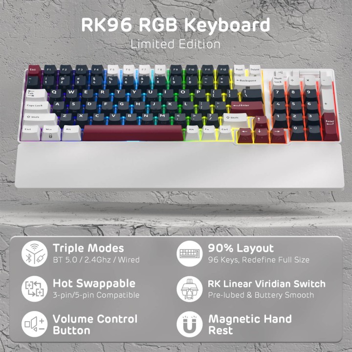 Royal Kludge RK96 – Clavier mécanique 96 % sans fil tri-mode, hot-swap RGB