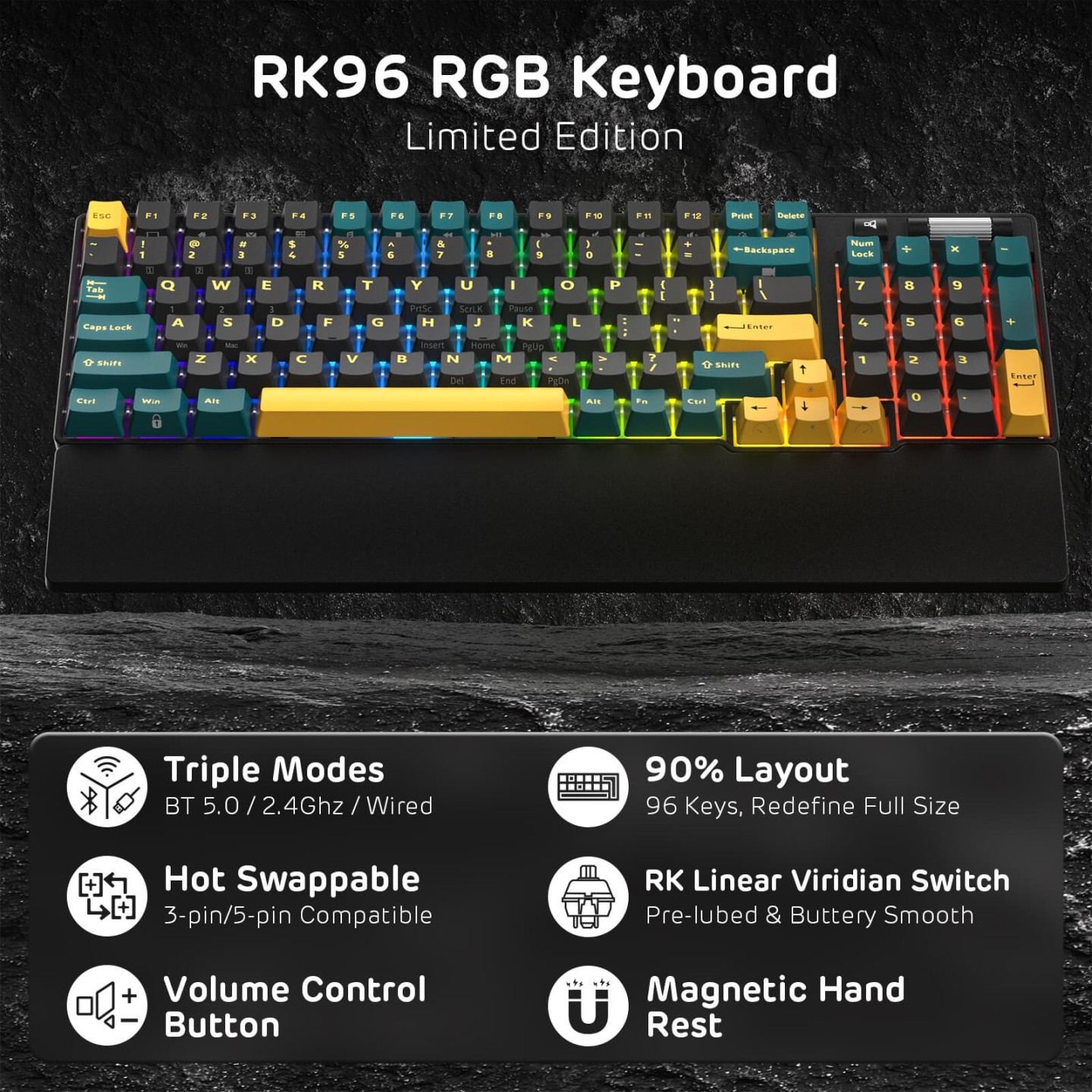 Royal Kludge RK96 – Clavier mécanique 96 % sans fil tri-mode, hot-swap RGB