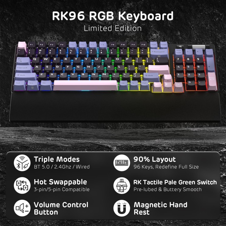 Royal Kludge RK96 – Clavier mécanique 96 % sans fil tri-mode, hot-swap RGB