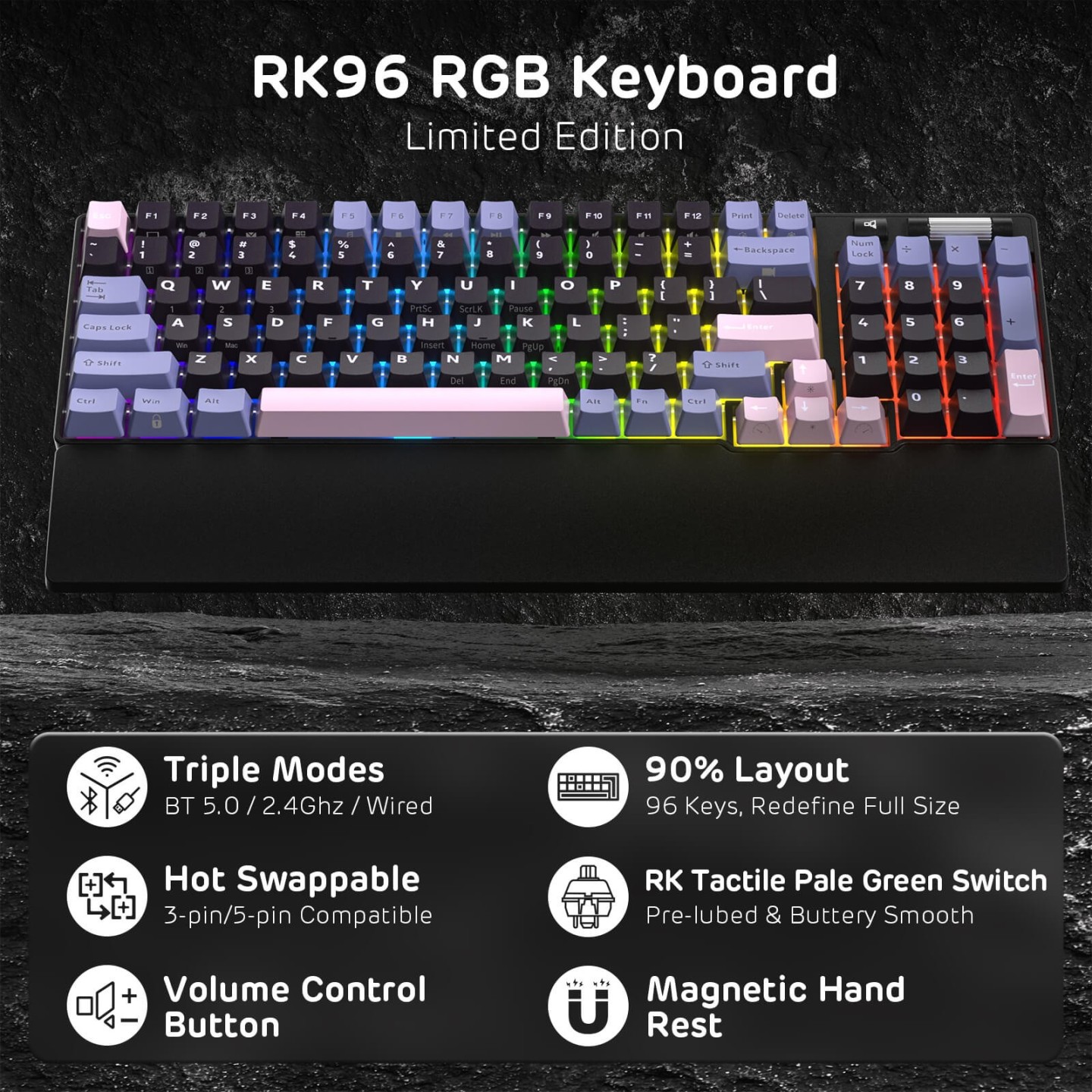 Royal Kludge RK96 – Clavier mécanique 96 % sans fil tri-mode, hot-swap RGB