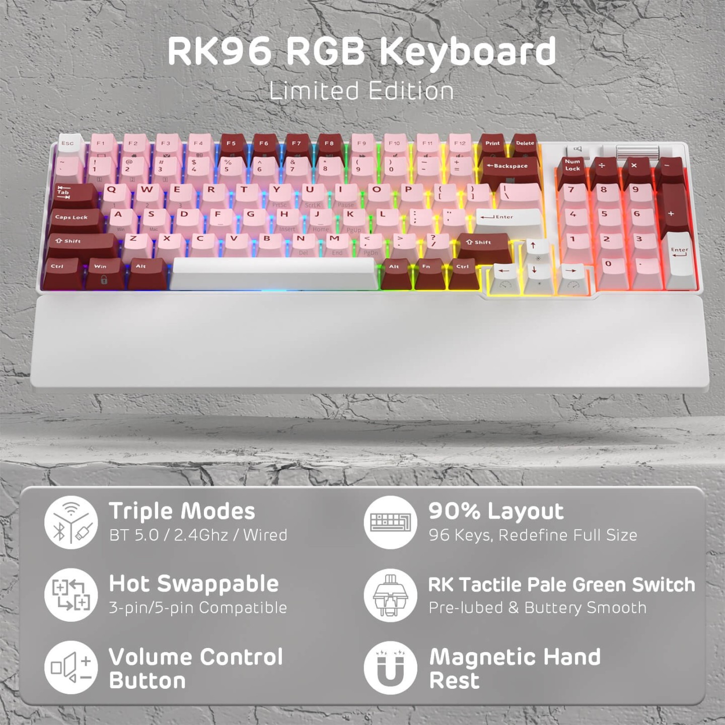 Royal Kludge RK96 – Clavier mécanique 96 % sans fil tri-mode, hot-swap RGB