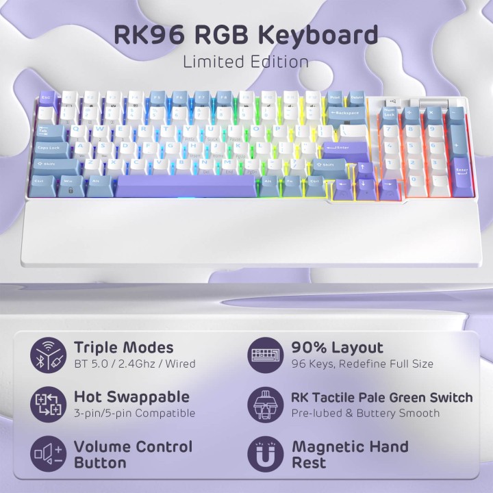 Royal Kludge RK96 – Clavier mécanique 96 % sans fil tri-mode, hot-swap RGB