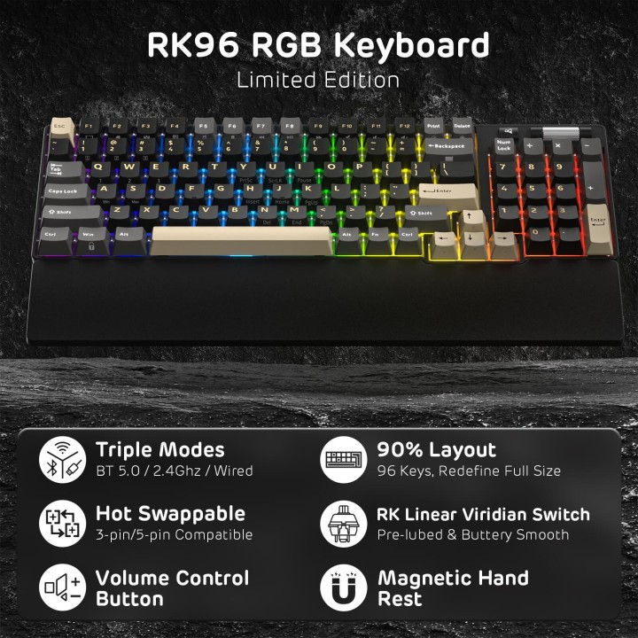 Royal Kludge RK96 – Clavier mécanique 96 % sans fil tri-mode, hot-swap RGB
