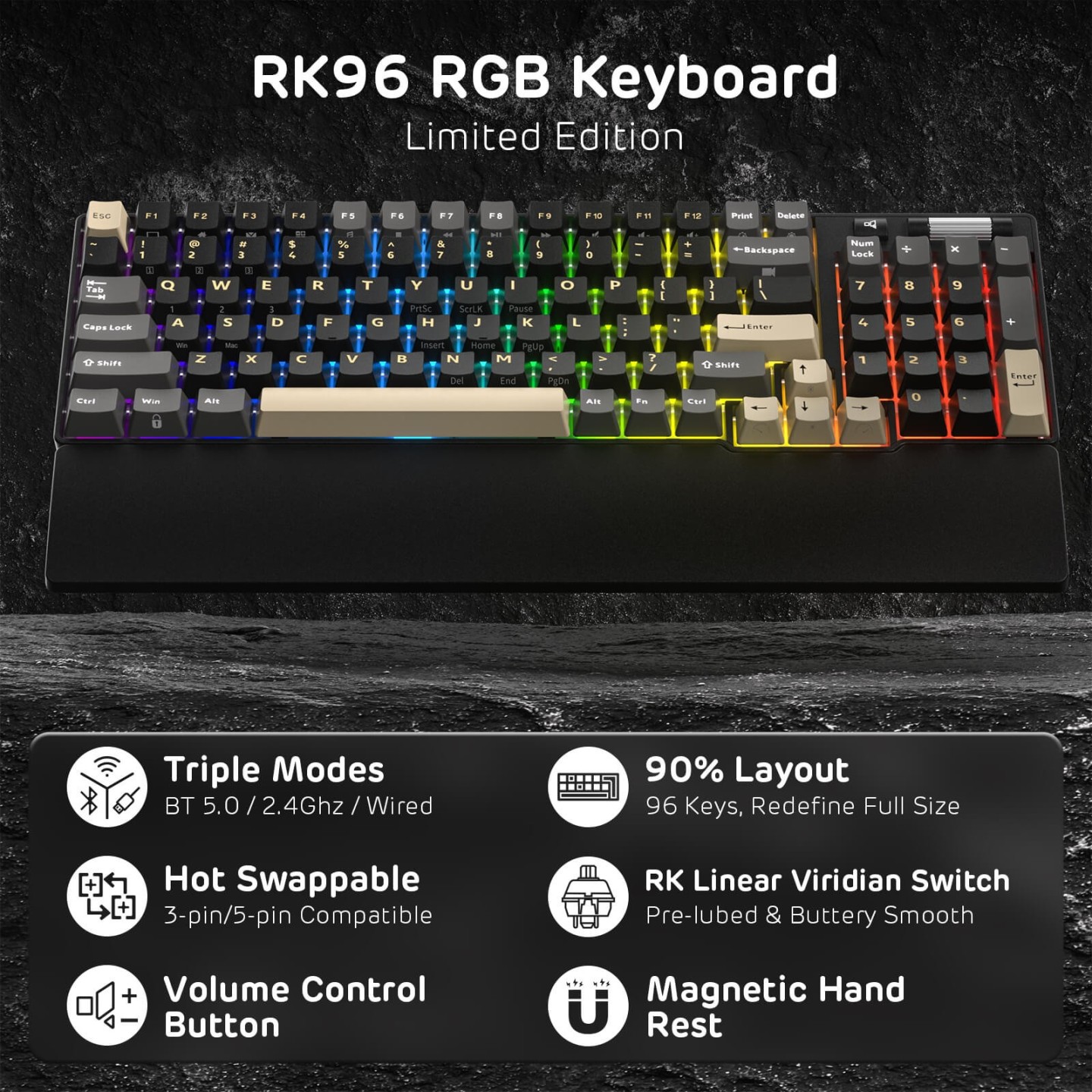 Royal Kludge RK96 – Clavier mécanique 96 % sans fil tri-mode, hot-swap RGB