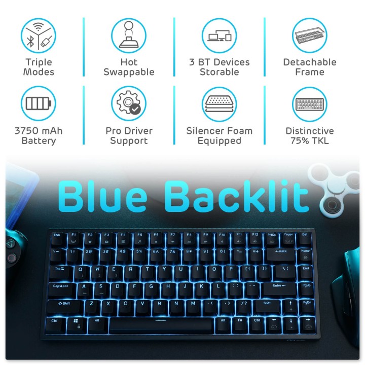 Royal Kludge RK84 – Clavier mécanique 75 % sans fil, rétroéclairage bleu
