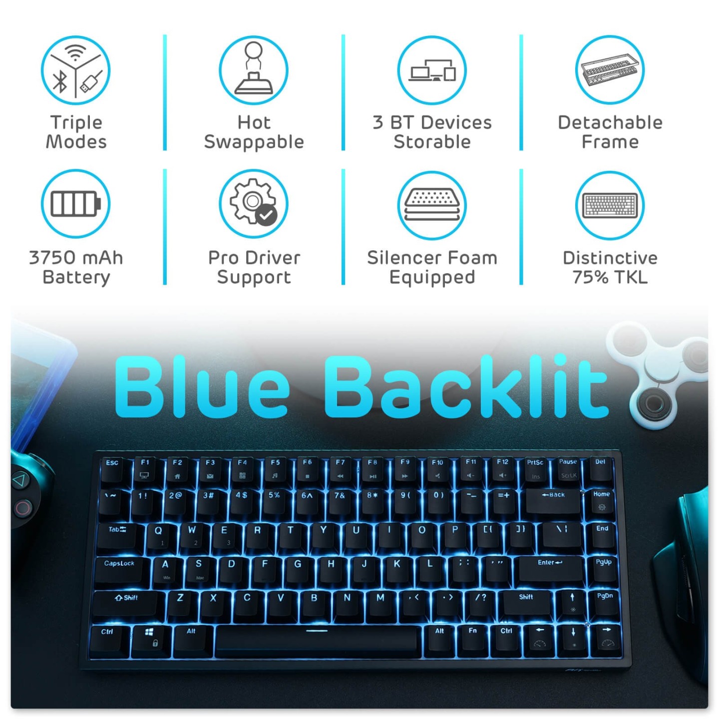 Royal Kludge RK84 – Clavier mécanique 75 % sans fil, rétroéclairage bleu