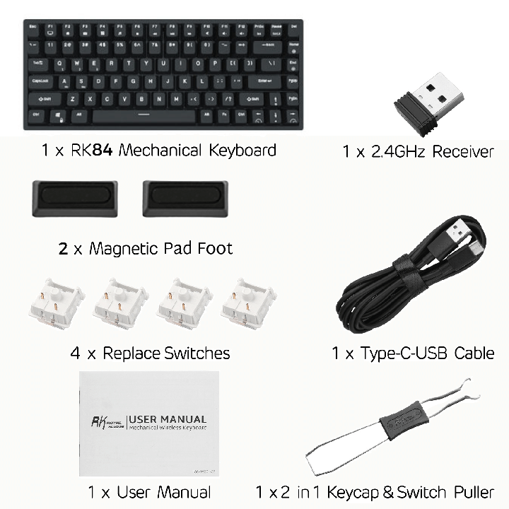Royal Kludge RK84 – Clavier mécanique 75 % sans fil, rétroéclairage bleu