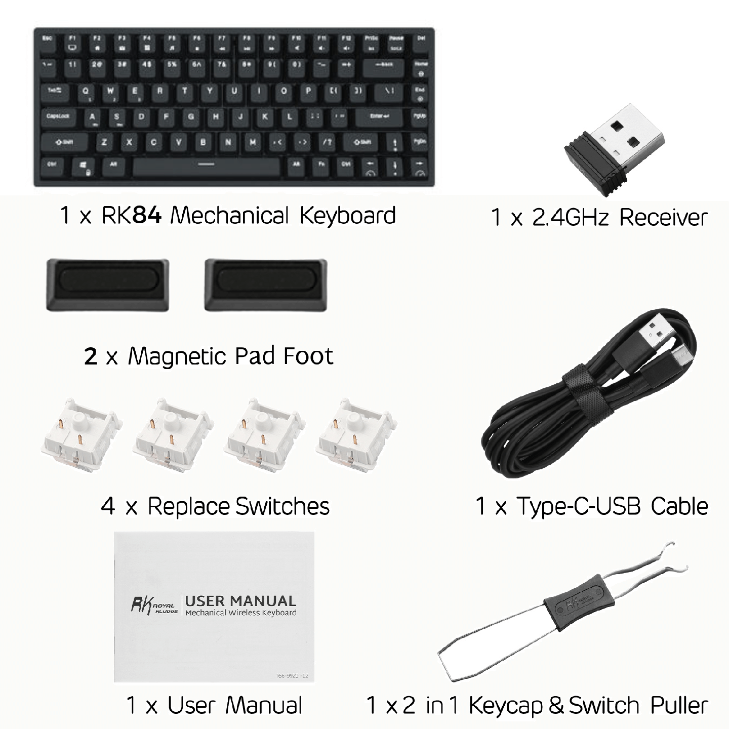 Royal Kludge RK84 – Clavier mécanique 75 % sans fil, rétroéclairage bleu