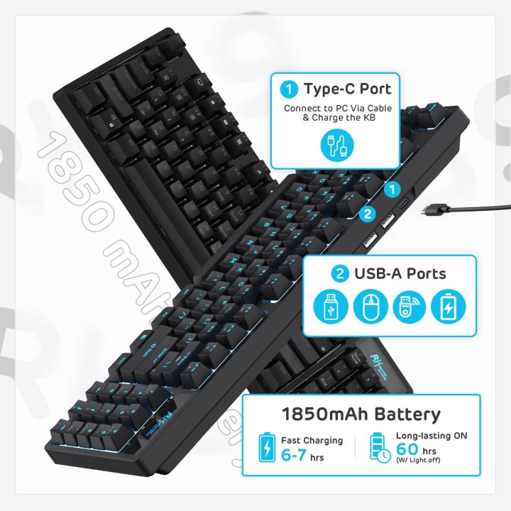 Royal Kludge RK89 – Clavier mécanique sans fil 85 % (89 touches) avec hub USB