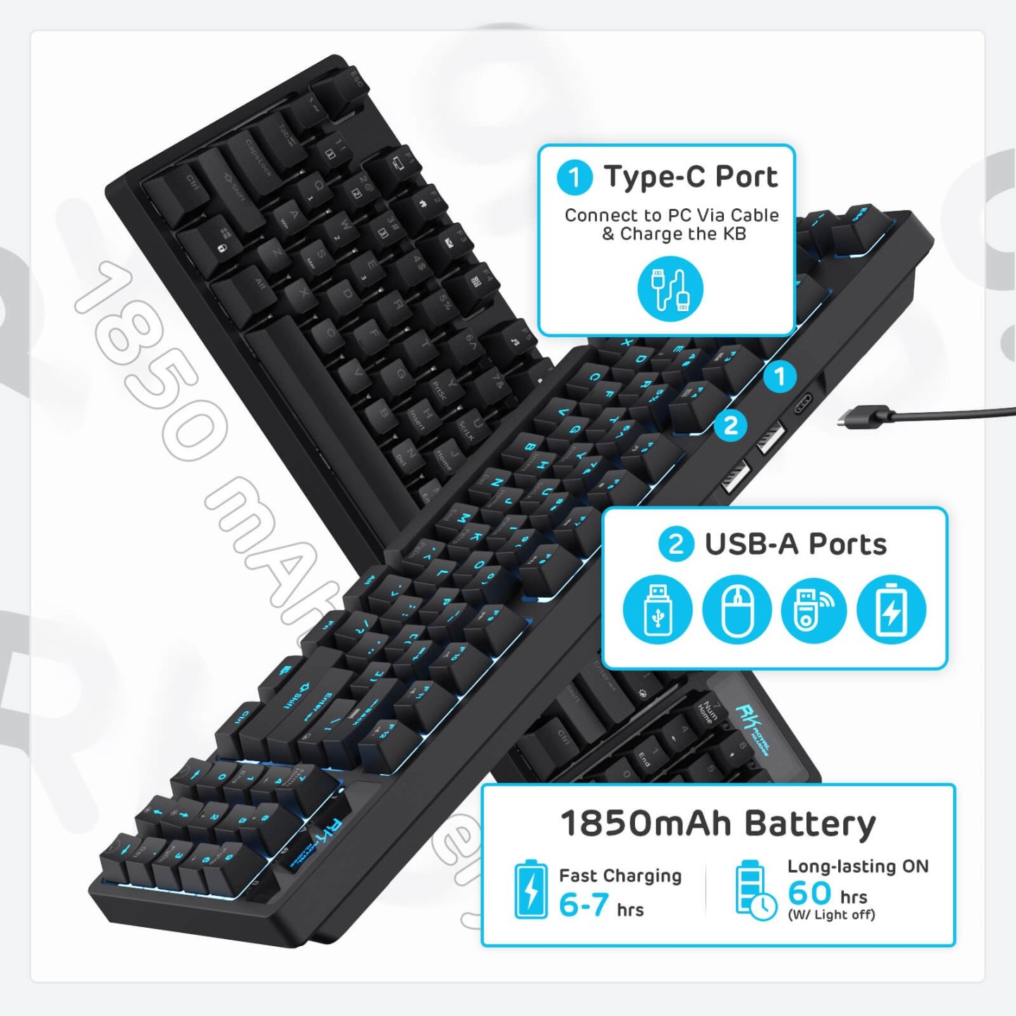 Royal Kludge RK89 – Clavier mécanique sans fil 85 % (89 touches) avec hub USB