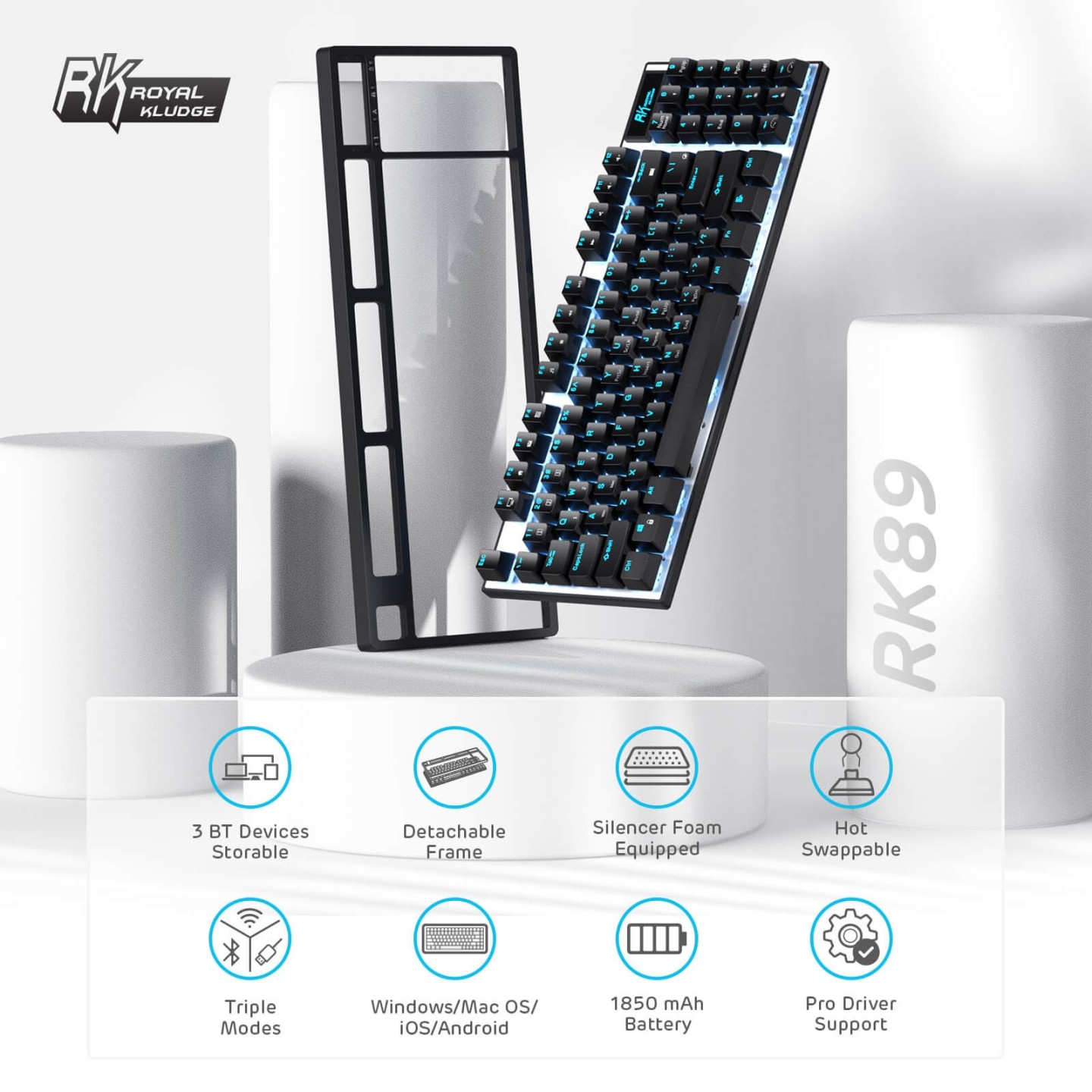 Royal Kludge RK89 – Clavier mécanique sans fil 85 % (89 touches) avec hub USB