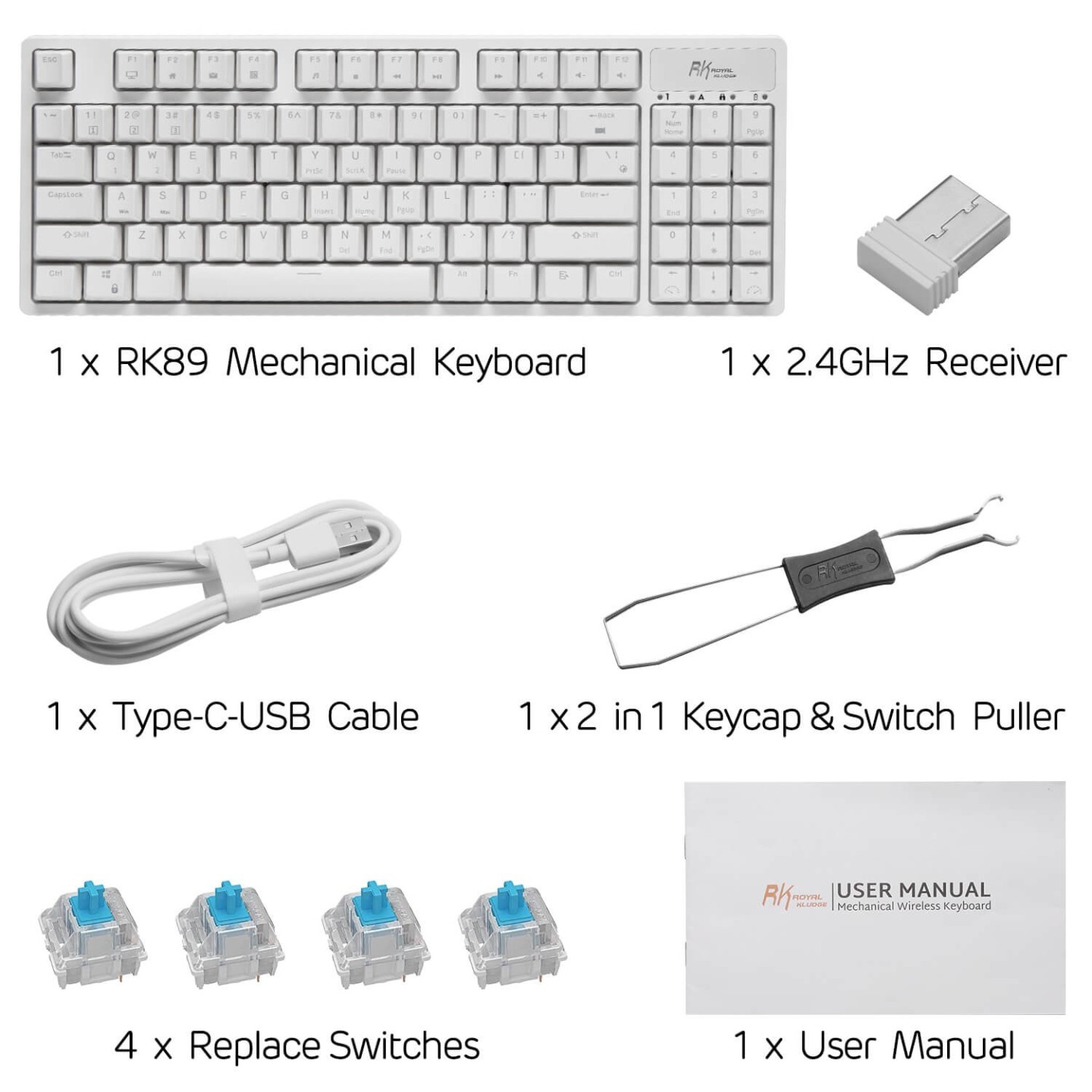 Royal Kludge RK89 – Clavier mécanique sans fil 85 % (89 touches) avec hub USB