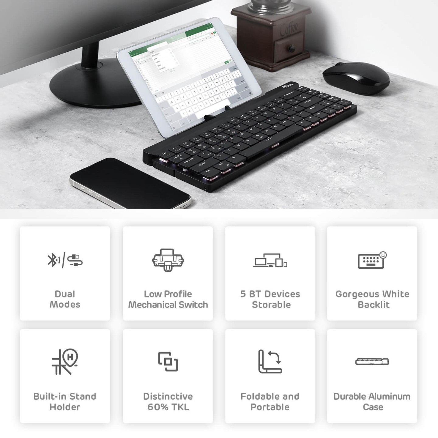 Royal Kludge RK925 – Clavier mécanique pliable sans fil 65 % low profile