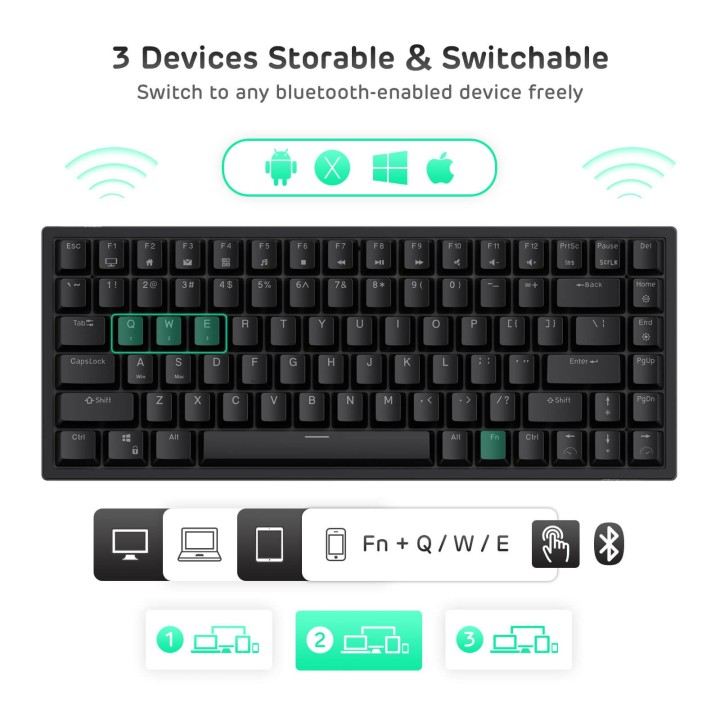 Royal Kludge RK84 – Clavier mécanique sans fil 75 % (84 touches) avec hub USB
