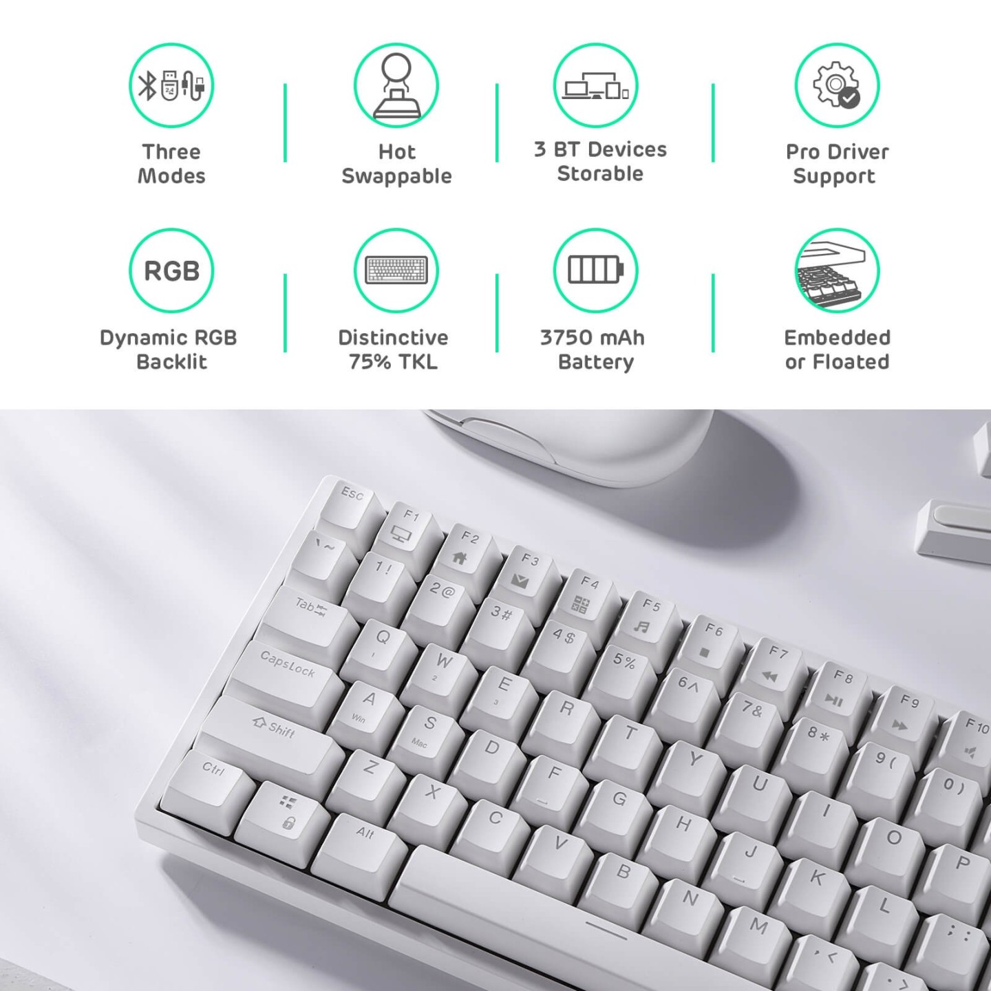Royal Kludge RK84 – Clavier mécanique sans fil 75 % (84 touches) avec hub USB