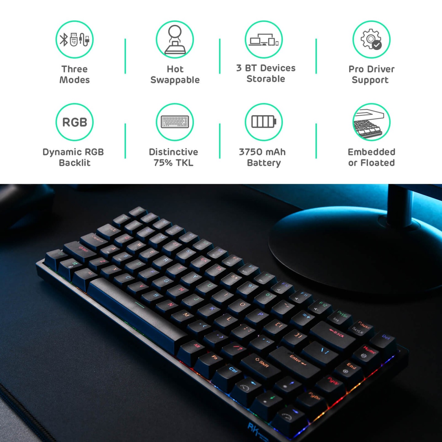Royal Kludge RK84 – Clavier mécanique sans fil 75 % (84 touches) avec hub USB