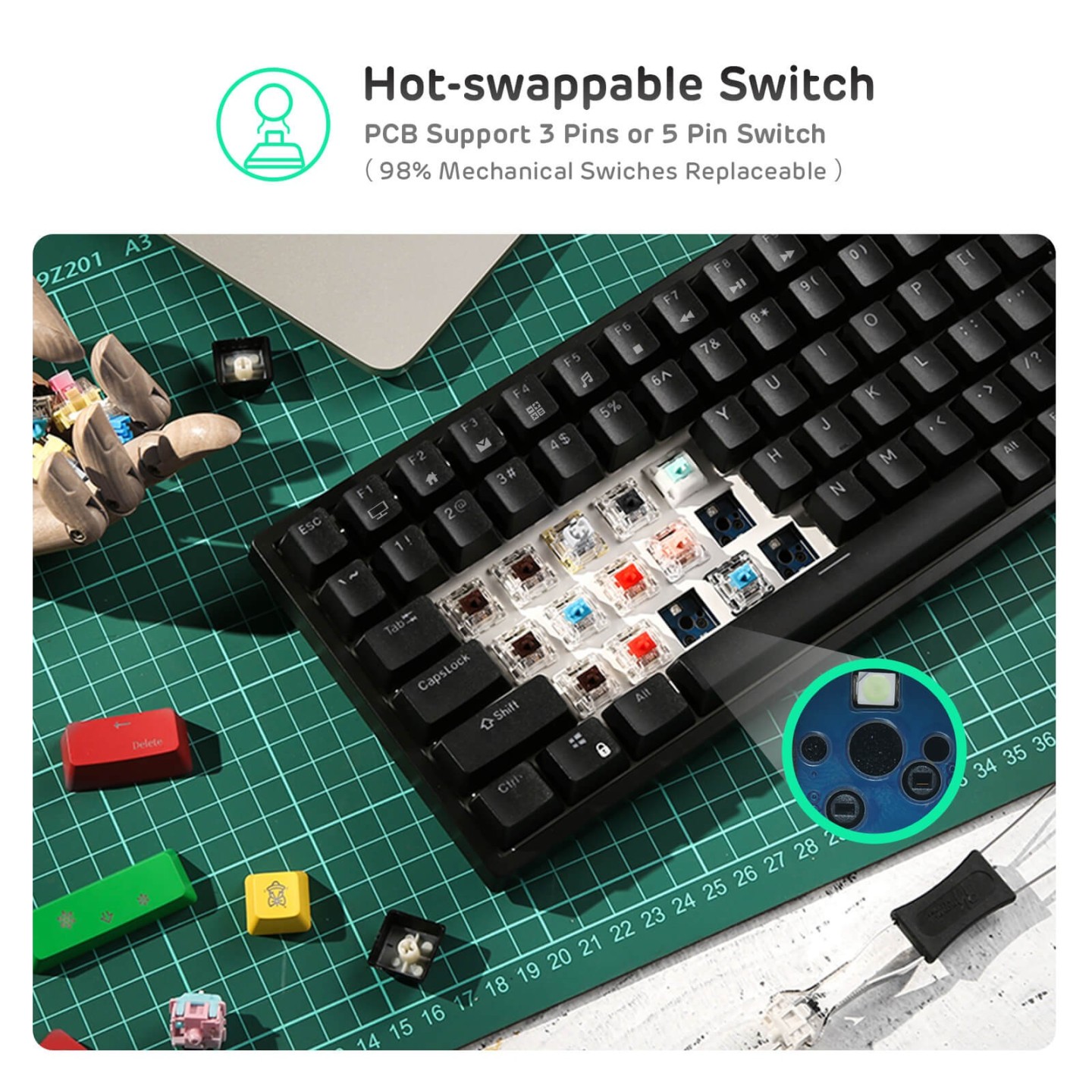Royal Kludge RK84 – Clavier mécanique sans fil 75 % (84 touches) avec hub USB