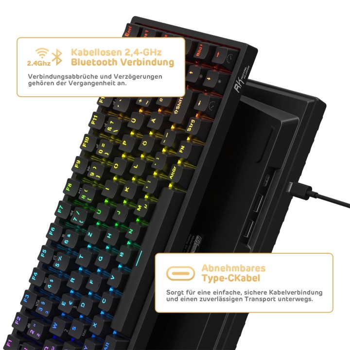 Royal Kludge RK84 – Clavier mécanique sans fil 75 % (84 touches) avec hub USB
