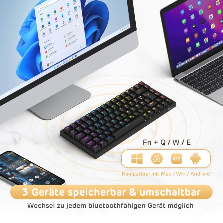 Royal Kludge RK84 – Clavier mécanique sans fil 75 % (84 touches) avec hub USB