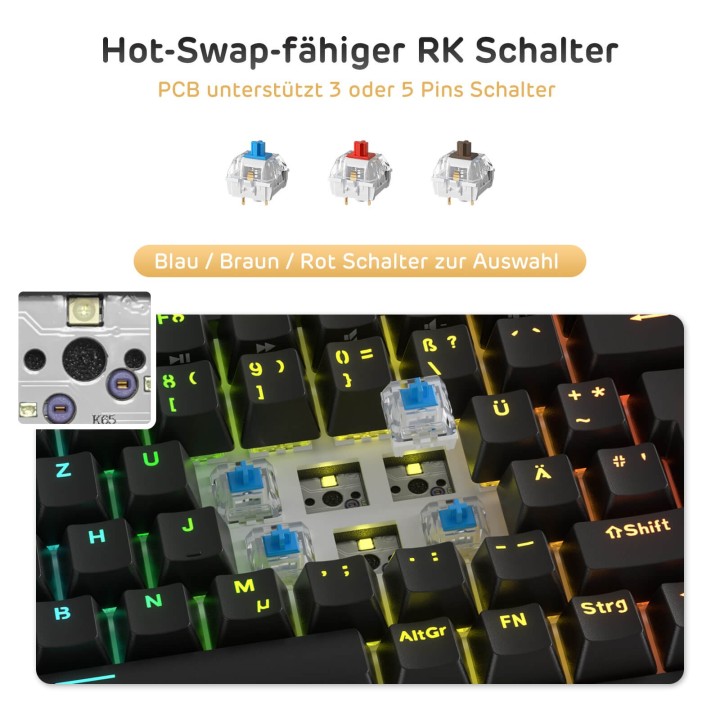 Royal Kludge RK84 – Clavier mécanique sans fil 75 % (84 touches) avec hub USB