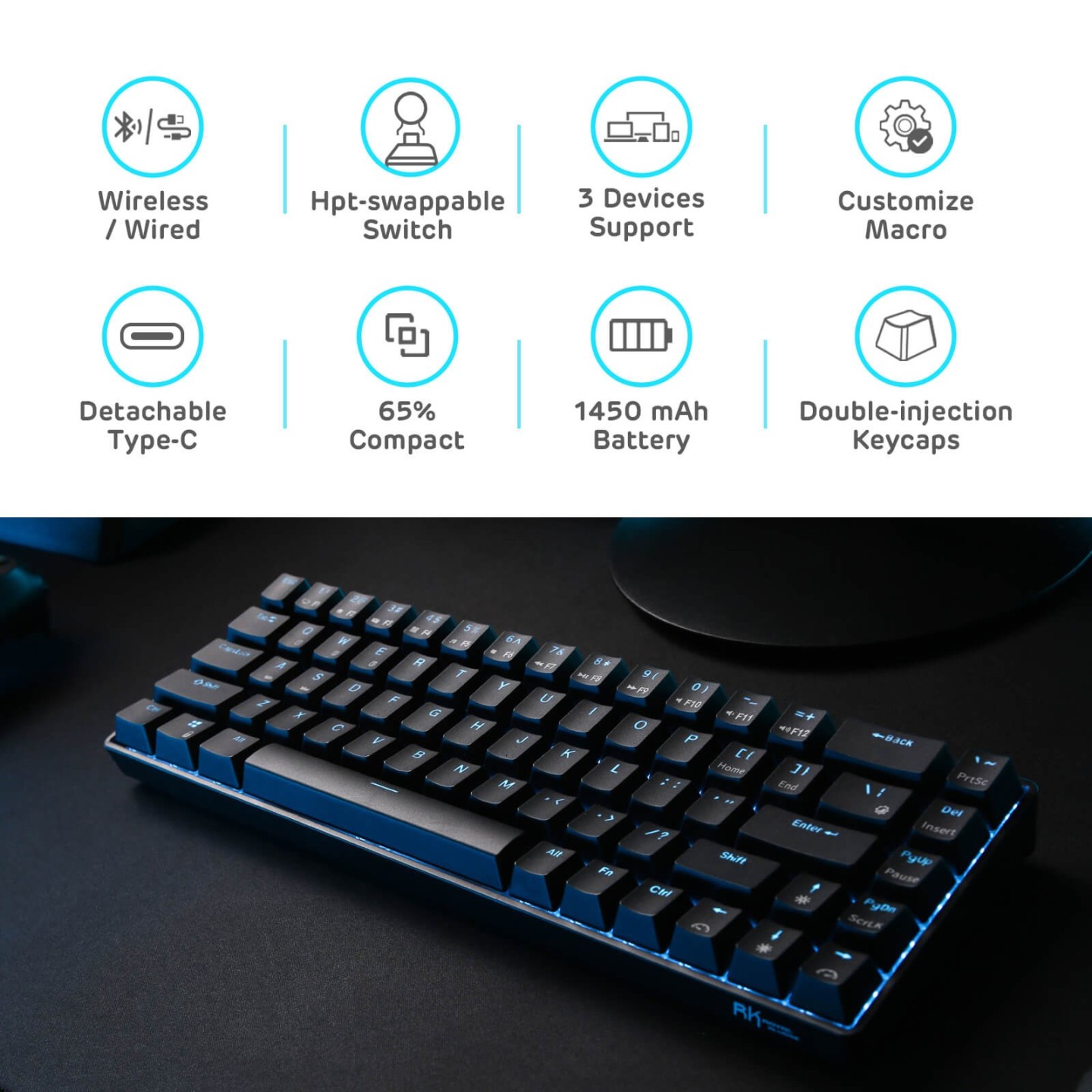 Royal Kludge RK68 – clavier mécanique sans fil 65 % (rétroéclairage monochrome)