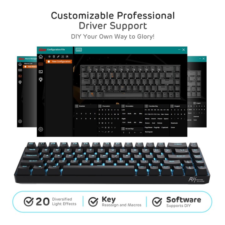 Royal Kludge RK68 – clavier mécanique sans fil 65 % (rétroéclairage monochrome)