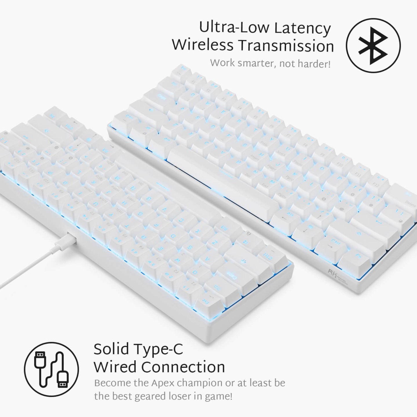 Royal Kludge RK61 – Clavier mécanique sans fil 60 % (rétroéclairage monochrome)